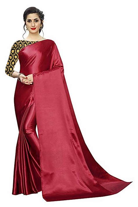 Red Plain Satin Saree With Blouse Fashionfilla 3214209