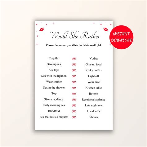 Printable Bachelorette Party Game Would She Rather Fun Hens Etsy