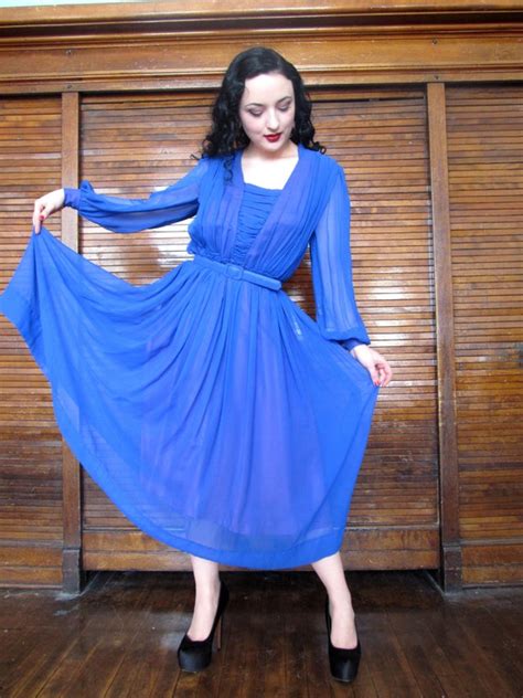 70s Vintage Blue Chiffon Wrap Dress With Silver Sequi Gem
