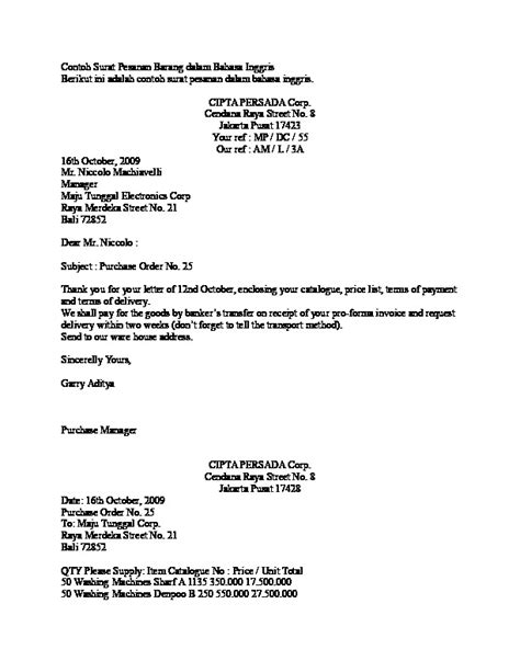 Contoh surat penawaran barang elektronik semi block style. Contoh Surat Pesanan Bahasa Inggris Block Style - Berbagi ...