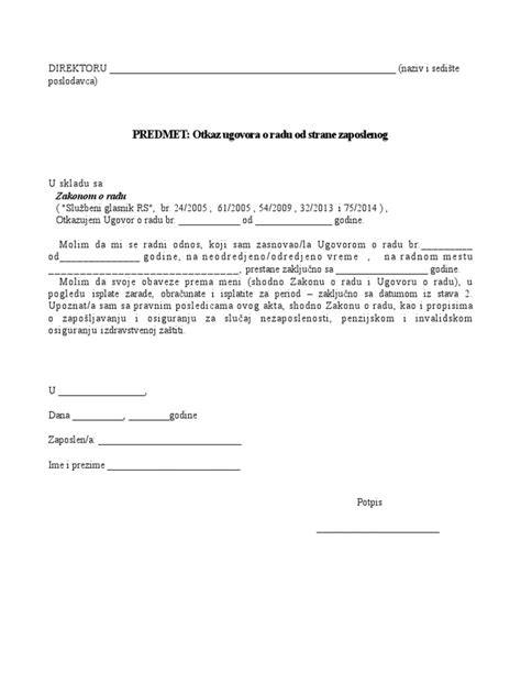 Predmet Otkaz Ugovora O Radu Od Strane Zaposlenog Pdf