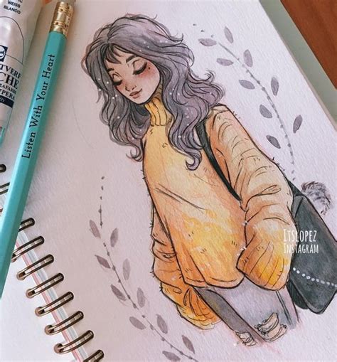 Long Haired Girl Oversized Sweater Messenger Bag Holey Jeans Drawings Sketch Book Sketches