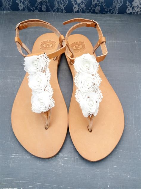 Wedding Leather Sandals With White Flowers Bridal Sandals White