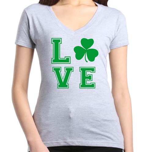 Shop4ever Shop4ever Womens Love Shamrock Green Lucky St Patricks Day Slim Fit V Neck T