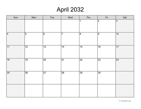 April 2032 Calendar With Weekend Shaded