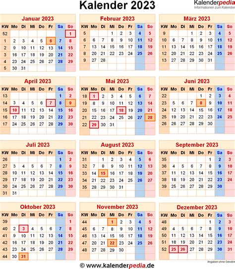 Kalender 2023 Mit Excelpdfword Vorlagen Feiertagen Ferien Kw