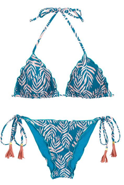 Blauwe Scrunch Bikini Met Bladprint En Golvende Randen Set Palms Blue
