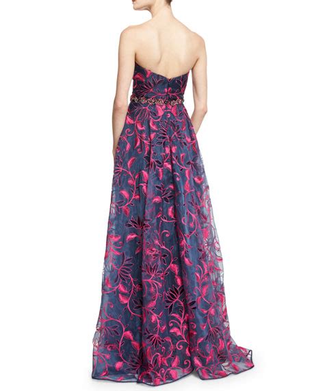 Marchesa Strapless Sweetheart Floral Embroidered Ball Gown Navy
