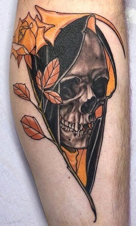 Neo Traditional Grim Reaper Leg Tattoo Tattoogoto