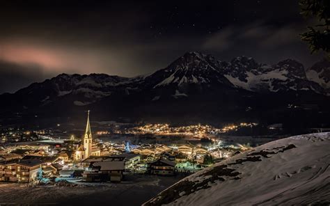 Wallpaper Ellmau Tyrol Austria City Night Snow Lights 1920x1200