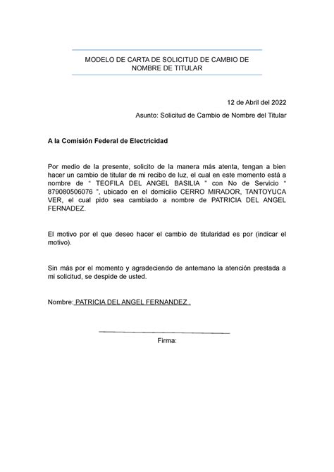 Modelo De Carta De Solicitud De Cambio De Nombre De Titular Modelo De