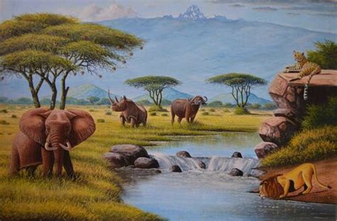 African Animals Oil Painting The Big Five 36 W X 24 H
