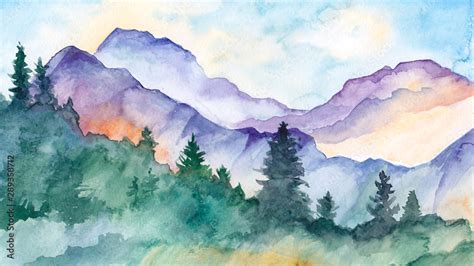 Hand Drawn Watercolor Mountain Landscape Stock Illustration Adobe Stock