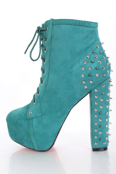 Turquoise Faux Suede Lace Up Tie Spike Back Platform Booties Sexy Clubwear Party Dresses