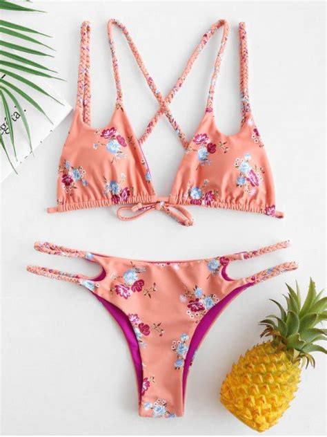 Zaful Flower Braided Strappy Reversible Bikini Set Bikinis Swimsuits