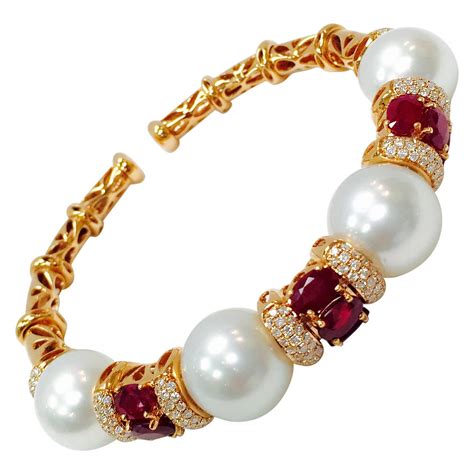 Pearl Ruby Diamond Gold Open End Bangle Bracelet For Sale At 1stdibs