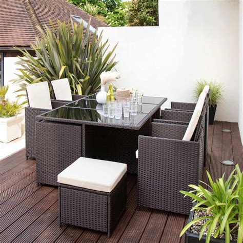 10 Seater Rattan Cube Outdoor Dining Set With Parasol Mixed Brown We