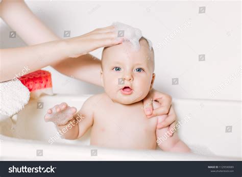 Happy Laughing Baby Taking Bath Playing Stock Photo 1129590089