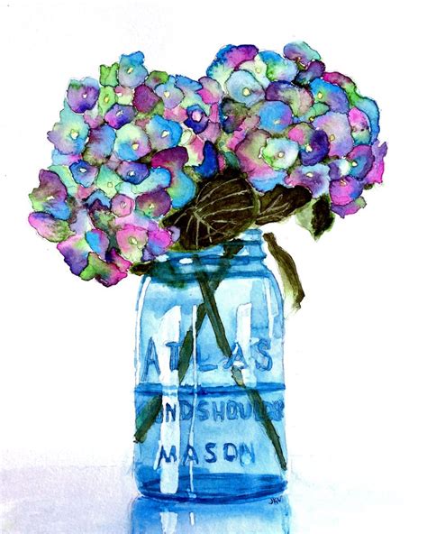 Watercolor Hydrangeas In Blue Mason Jar Art Print By Janna Vanderveen