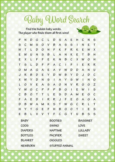 Word Search Baby Shower Game Peas In A Pod Baby Shower Theme For Baby