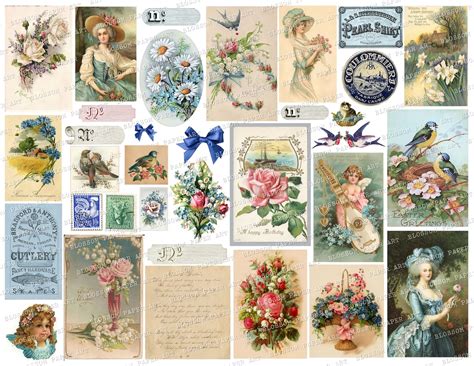 Vintage Ephemera Printable Collage Sheet Floral Vintage Postcards Blue