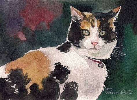 Print Of Watercolor Painting Calico Cat Kitty Kitten Three Colored Cat