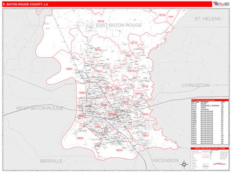 E Baton Rouge County La Zip Code Wall Map Red Line Style By