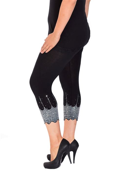 New Ladies Plus Size Leggings Womens Sequin Cropped Scallop Cut Beads