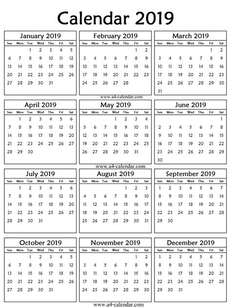 2019 Portrait Calendar Printable Calendar Printables