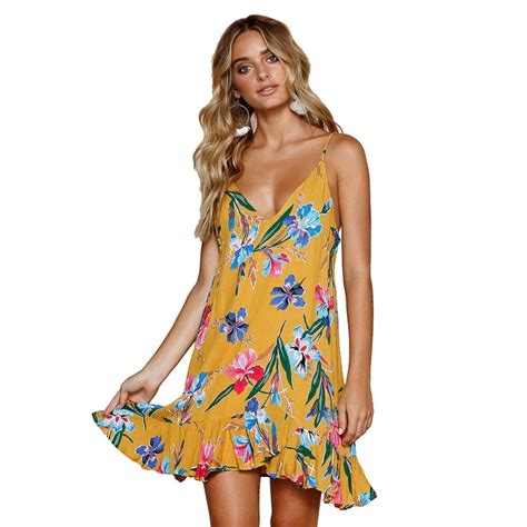 Women Beach Backless Sleeveless Dress Boho Sexy V Neck Print Floral Strap Summer Dress In