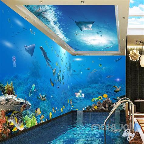 3d Underwater View Ray Fish Entire Room Bathroom Wallpaper