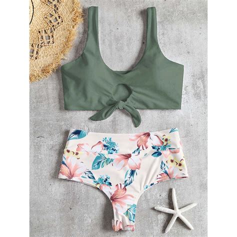 Zaful Knotted Floral Scrunch Print Bikini High Waisted Swimwear Women Swimsuit Bathing Suit 2019
