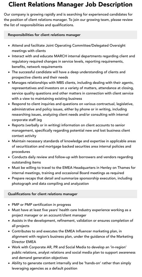 Client Relations Manager Job Description Velvet Jobs