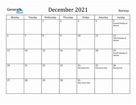 December 2021 Norway Monthly Calendar With Holidays