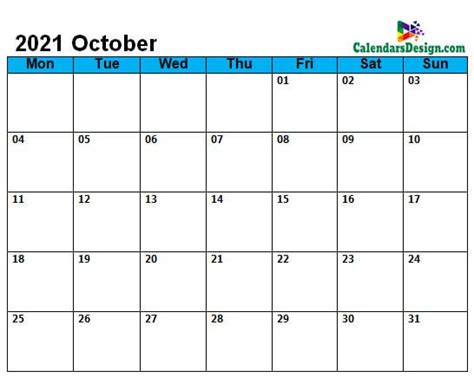 October 2021 Calendar Page A4 Letter