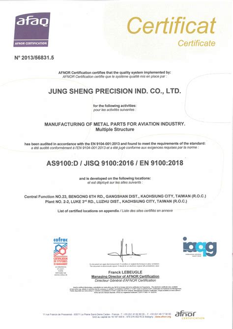 As9100d Aviation Industry Quality Certification Jung Sheng Precision