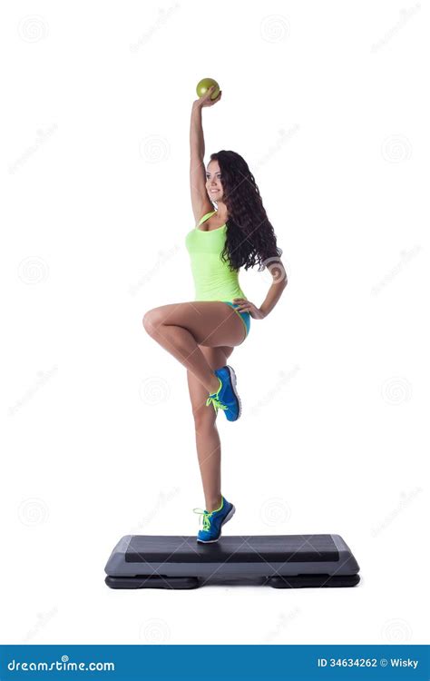 Happy Sporty Brunette Doing Aerobic Exercise Stock Photo Image Of