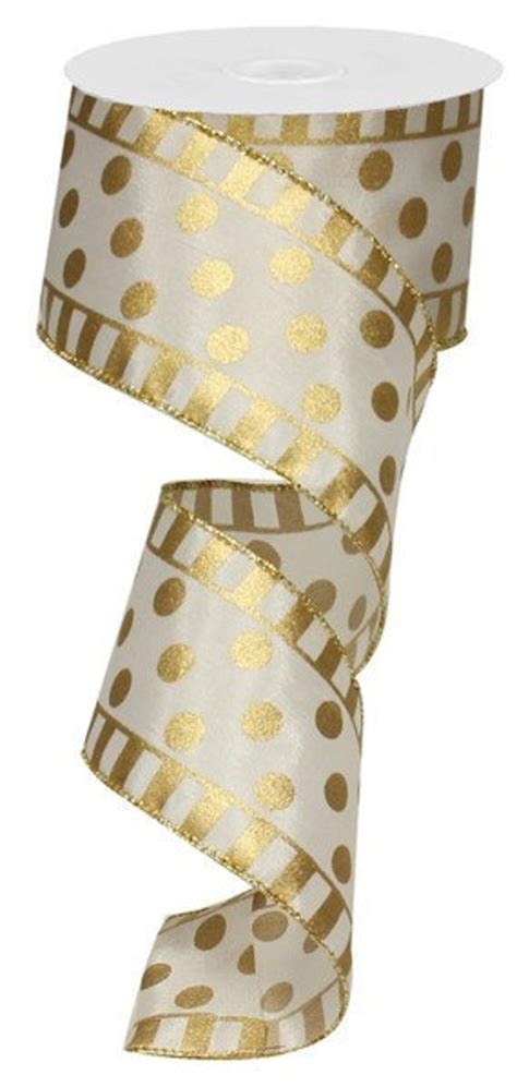 White And Gold Polka Dots And Stripes Wired Satin Ribbon Etsy