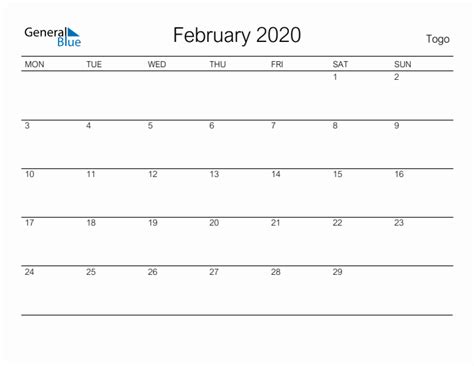 Printable February 2020 Monthly Calendar With Holidays For Togo