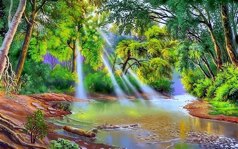He could not bend against its propelling force. Nature River Trees With Green Leaves Sun Rays Art Hd ...