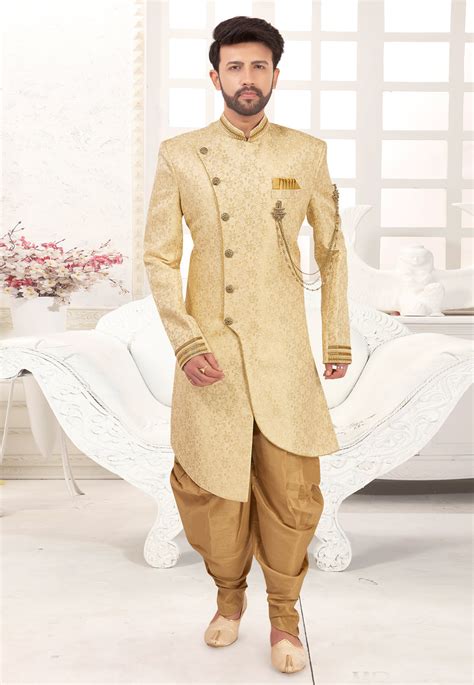 Beige Jacquard Readymade Dhoti Sherwani 185768 Dress Suits For Men