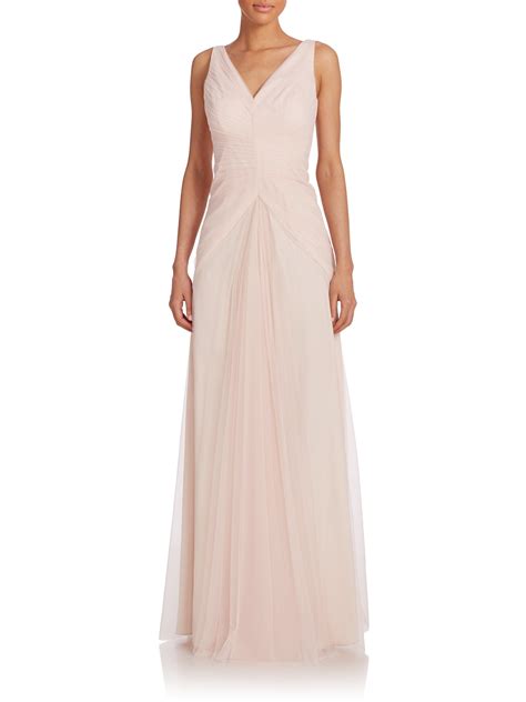 Monique Lhuillier Bridesmaids Pleated Tulle V Neck Gown In Pink Blush