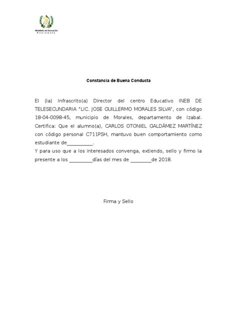 Ejemplo De Carta De Buena Conducta