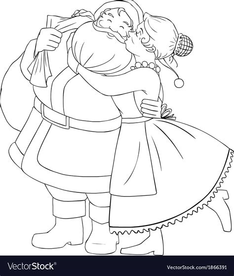 Mrs Claus Kisses Santa On Cheek And Hugs Coloring Vector Image