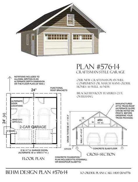 Buy Garage Plans 2 Car Craftsman Style Garage Plan 576 14 24 X