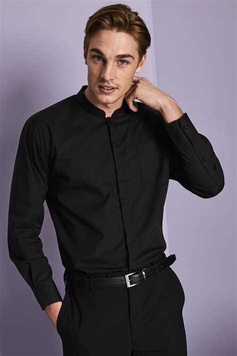Mens Long Sleeve Mandarin Collar Shirt Black
