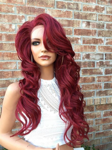 Crimson Burgandy Red Body Curls Multi Parting Blended Human Hair Lace Front Wig 24 Lace Front
