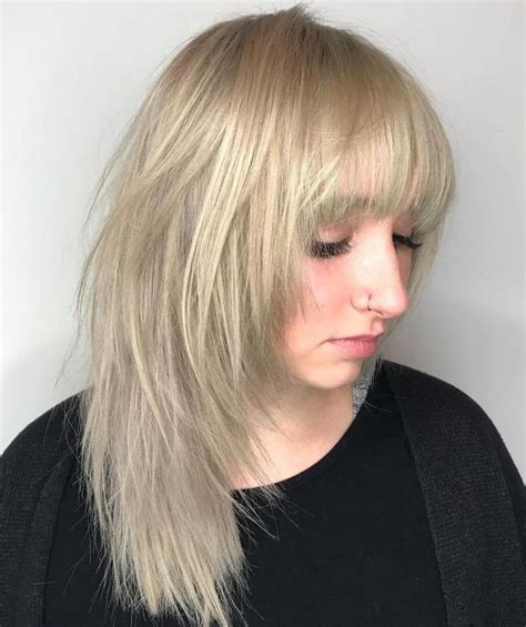All haircut numbers, hair clipper guard sizes, and relative hair lengths. Medium Ash Blonde Shag With Bangs | Medium hair styles ...