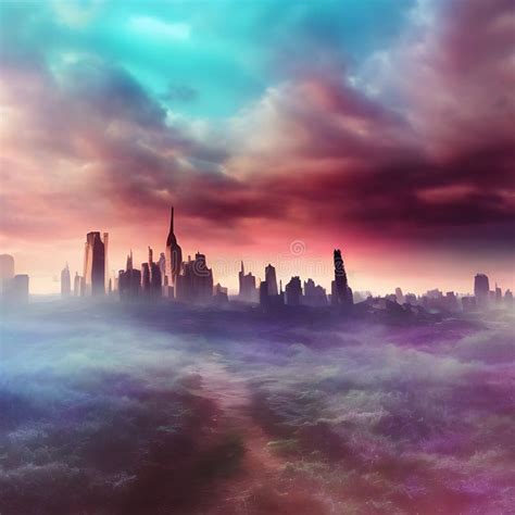 Abstract Fictional Scary Dark Wasteland City Background Aqua Sky Pink