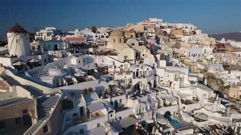 Birds Eye View Above Fira Santorini At Sunset Aerial Shot Of White